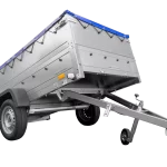 Anhänger mit faltbarer Deichsel GARDEN TRAILER 230 KIPP mit zusätzlichen Bordwänden, Stützrad und blauer Flachplane